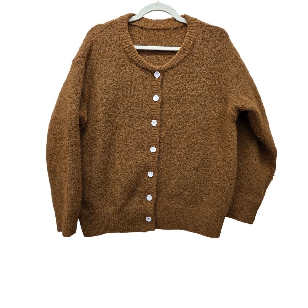 Brown Wool Blend Button Front Cardigan Sweater‎ XXL Textured Knit Crew Neck Cozy